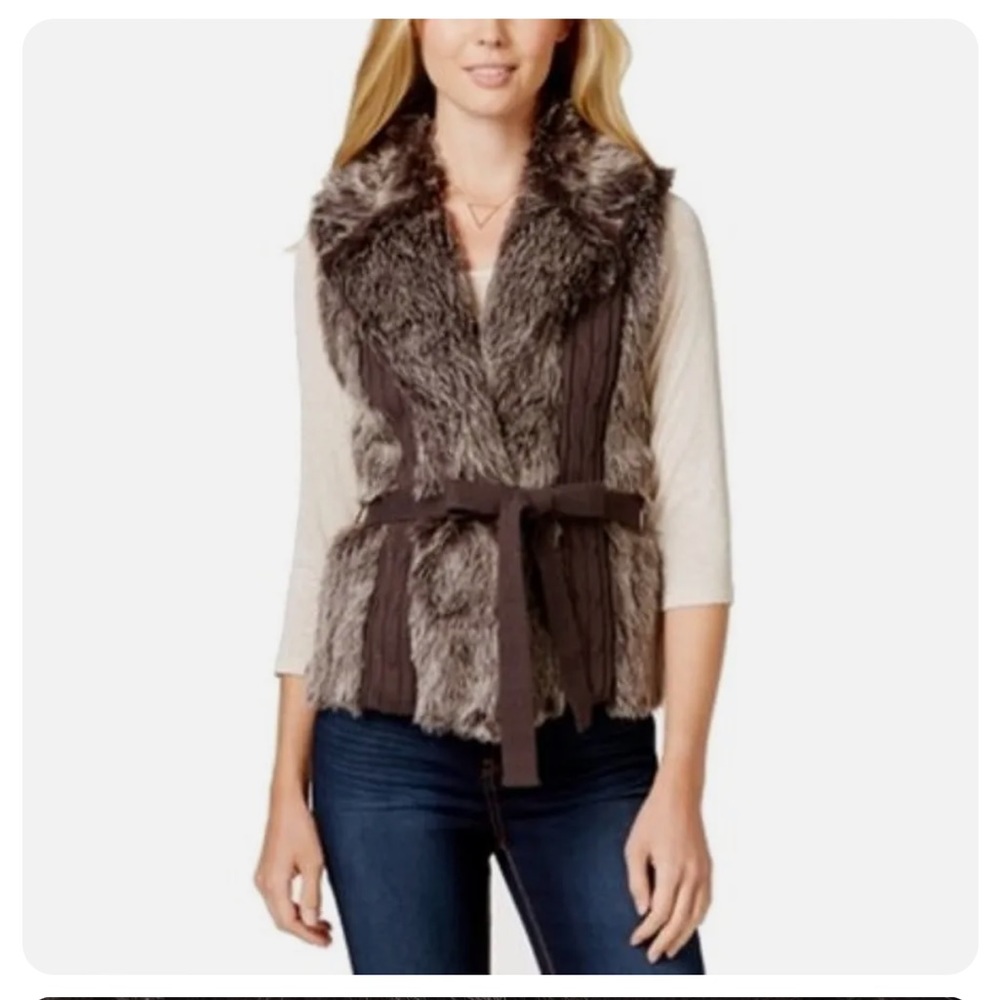 XOXO Medium Junior Faux Fur Belted Rib-Knit Vest Jacket Retail